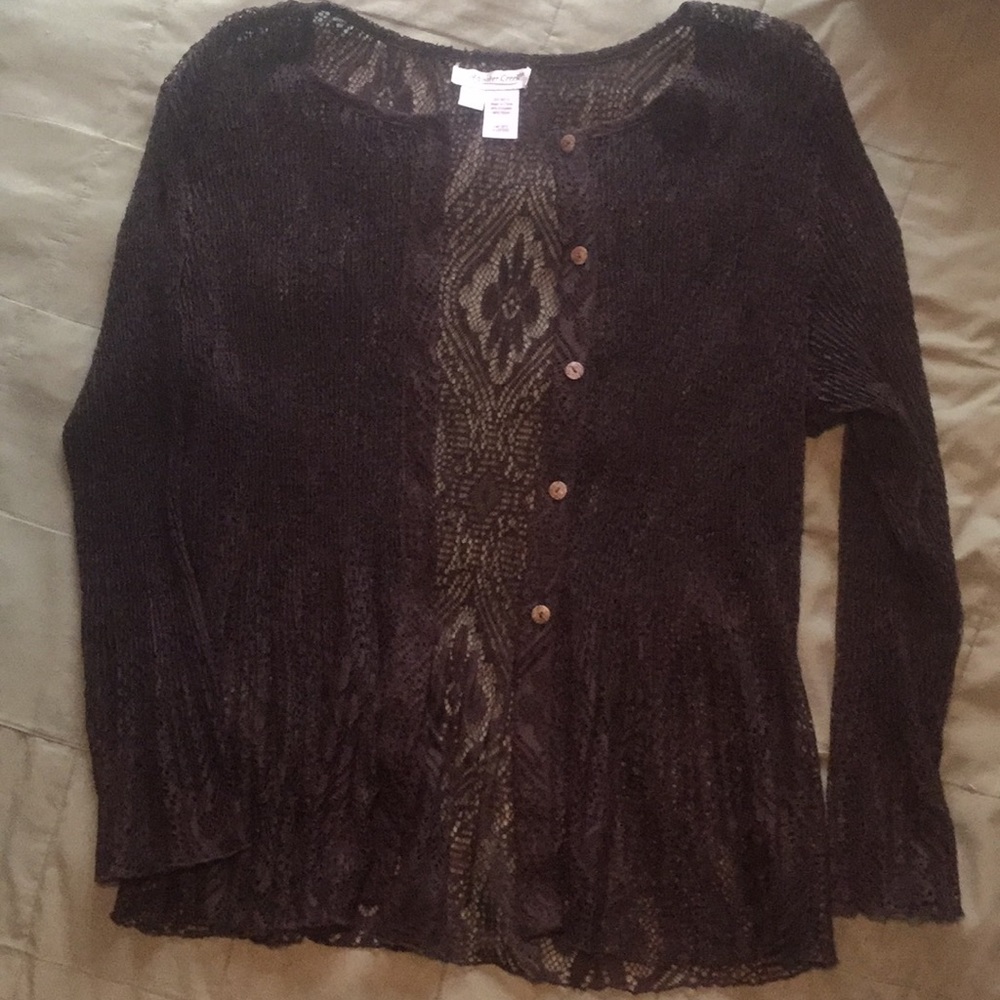 XL expresso brown sheer lace button up blouse